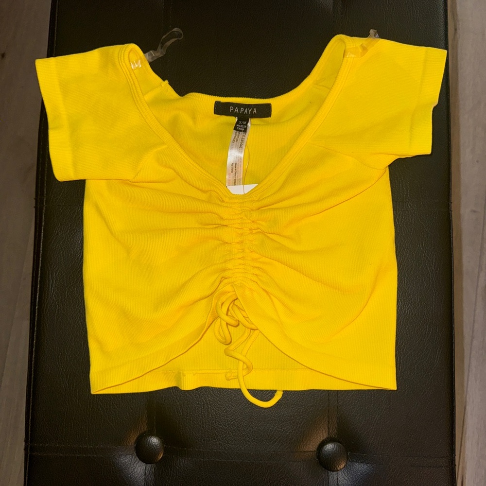 Papaya Yellow Ruched Drawstring Crop Top
